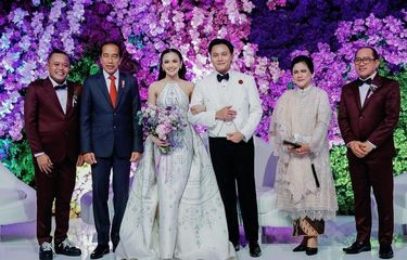 Pernikahan pasangan penyanyi Rizky Febian dan Mahalini Raharja dihadiri Presiden RI Joko Widodo di Raffles Hotel Jakarta, Jumat (10/5/2024).