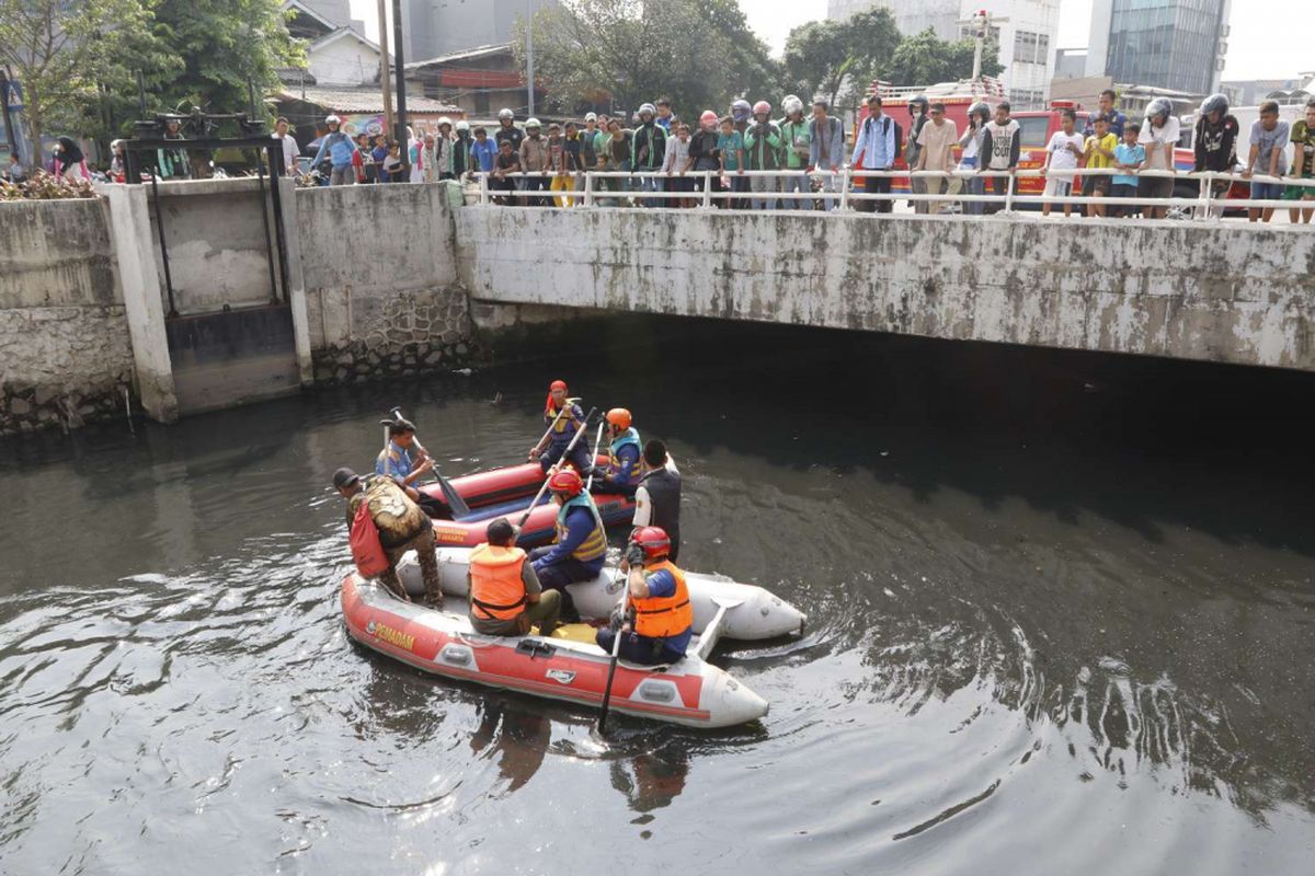 Petugas gabungan melakukan upaya penangkapan buaya di Grogol, Jakarta, Jumat (29/6/2018). Pada Rabu (27/6/2018) pagi, warga setempat melihat beberapa ekor buaya berenang di gorong-gorong Kali Grogol.