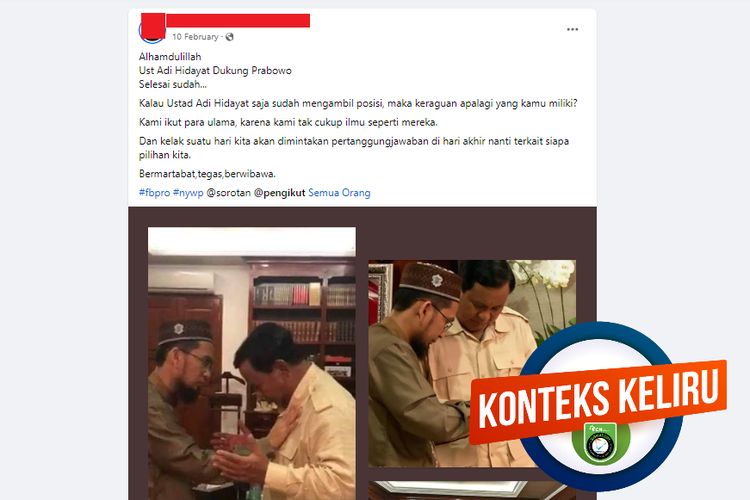 Tangkapan layar Facebook foto UAH bersama Prabowo yang dikiatkan dengan dukungan di Pilpres 2024