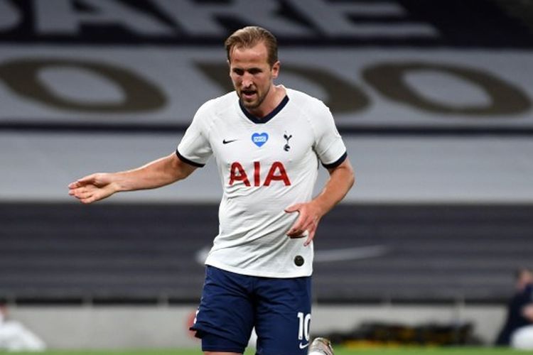Harry Kane merayakan golnya pada laga Tottenham Hotspur vs West Ham United di Tottenham Hotspur Stadium dalam lanjutan pekan ke-30 Premier League, kasta teratas Liga Inggris, Selasa 23 Juni 2020.