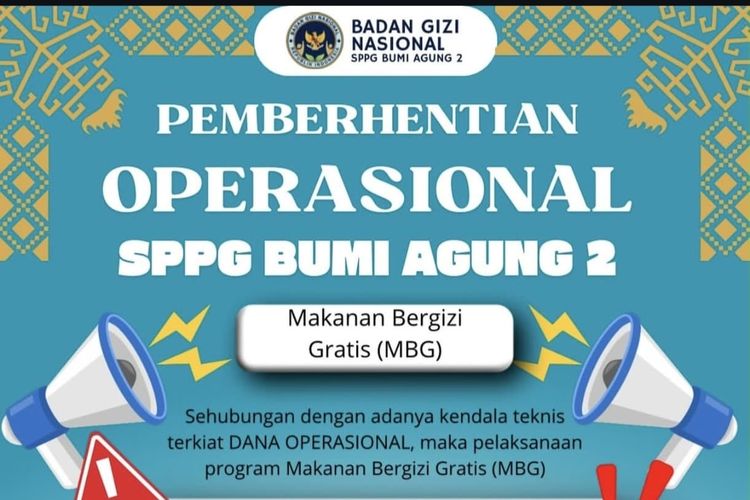 MBG di SPPG Bumi Agung 2 Lampung Selatan Dihentikan Sementara, Dana Operasional Belum Cair