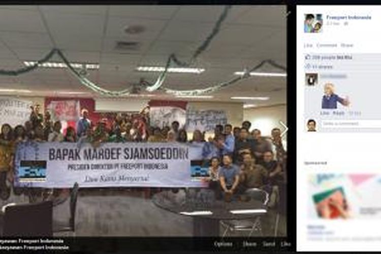 Foto yang diunggah pada halaman Facebook PT Freeport Indonesia pada Kamis (3/12/2015) memperlihatkan dukungan karyawan perusahaan tersebut bagi Presiden Direktur PT FI Maroef Sjamsoeddin.