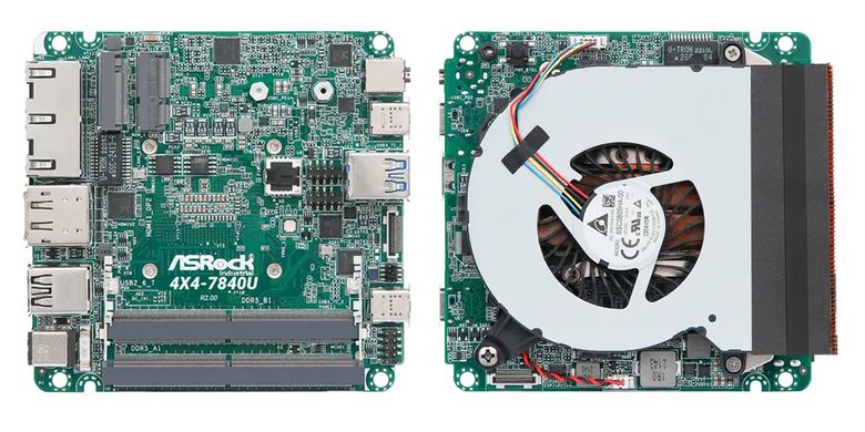 Tampak dua sisi motherboard berbasis prosesor AMD Phoenix dari Asrock Industrial. Komponen prosesor terletak di salah satu sisi, di balik kipas pendingin bergaya blower