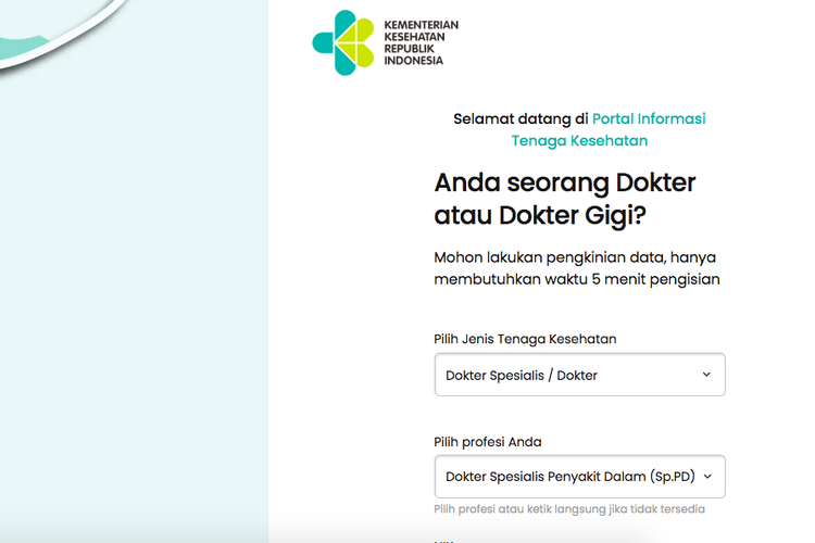 Portal update tenaga medis yang dirilis Kemenkes, nakes.kemkes.go.id