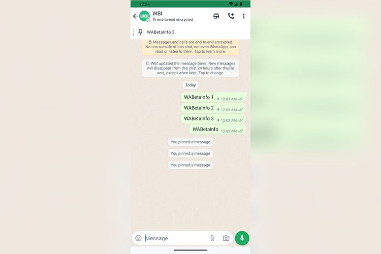 WhatsApp tengah menguji fitur menyematkan pesan (pinned messages) hingga 3 pesan. Saat ini, pengguna terbatas hanya bisa menyematkan satu pesan saja di tiap ruang obrolan grup/pribadi.