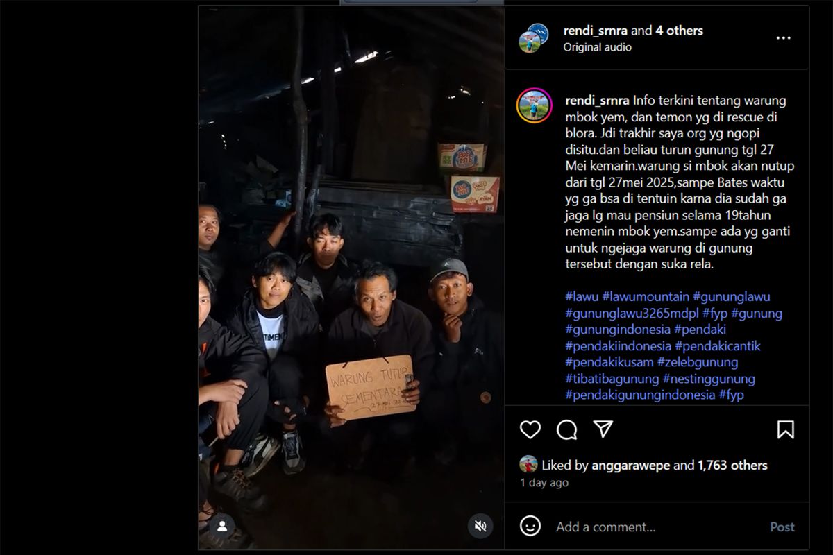 Tangkapan layar saat pengumuman penutupan sementara Warung Mbok Yem mulai 27 Mei 2025.