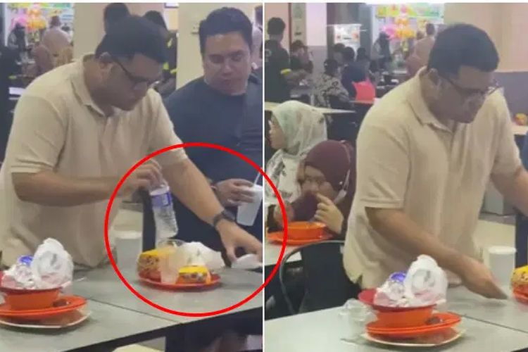 Tangkapan layar dari seorang pria yang membersihkan sendiri piring dan meja makannya di sebuah restoran di Malaysia.