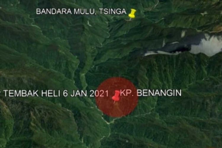 Peta lokasi jalur perlintasan KKB Kalikopi saat helikopter ditembak, Rabu (6/1/2021).