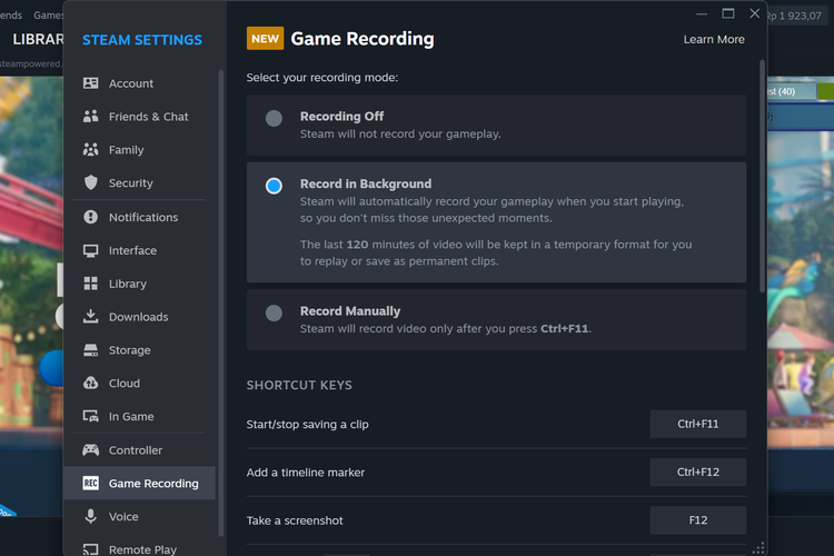 Laman pengaturan Steam Game Recording.