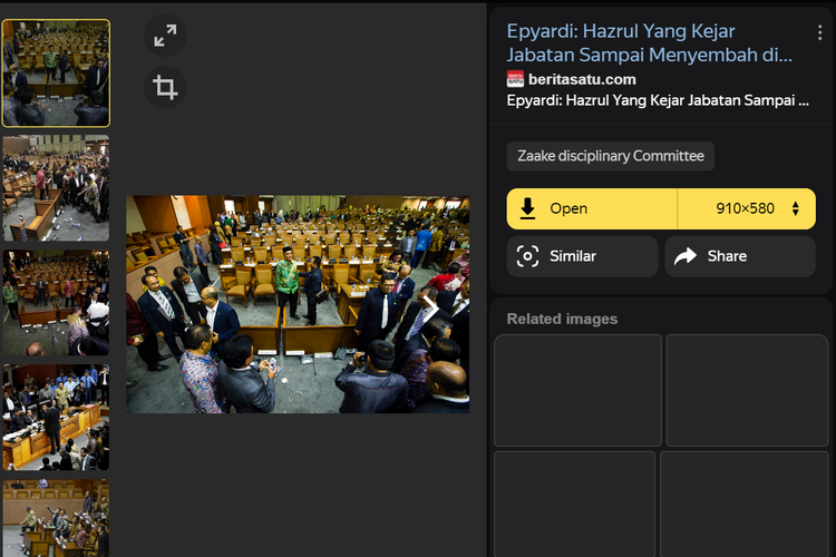 Tangkapan layar pencarian gambar di Yandex, soal Rapat Paripurna pada 28 Oktober 2014 ketika  fraksi PPP DRP menggulingkan meja di Gedung DPT, Senayan, Jakarta.