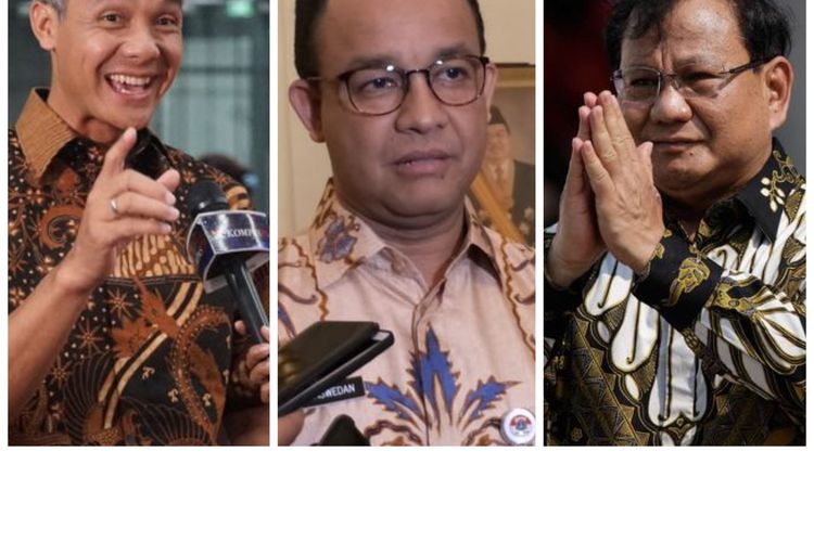 Kolase foto Ganjar Pranowo, Anies Baswedan, dan Prabowo