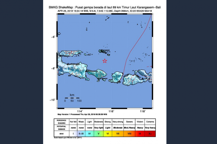 Gempa bumi bermagnitudo 5,8 mengguncang Bali, Kamis (26/4/2018) pada pukul 17.54 Wita.