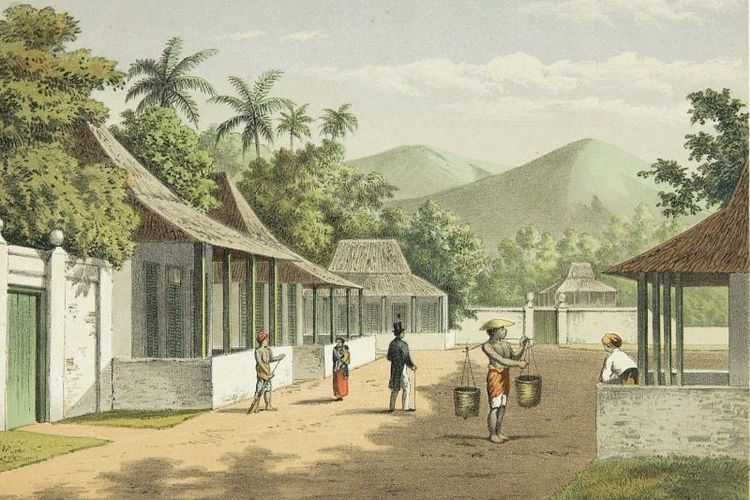 Litografi pemandangan jalanan di Ambon tahun 1880-an                               