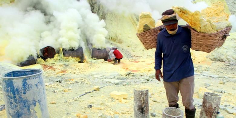 Petambang sedang mengambil belerang di Kawah Ijen, Jawa Timur.