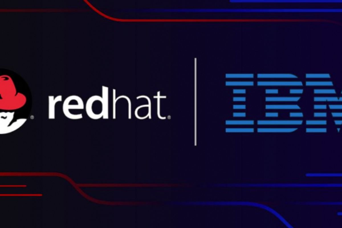 Ilustrasi akuisisi Red Hat oleh IBM.