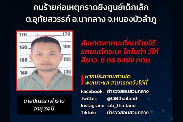 Gambar dari halaman Facebook Biro Investigasi Pusat Thailand ini menunjukkan gambar mantan polisi Panya Khamrab, yang diyakini telah membunuh sedikitnya 34 orang di sebuah penitipan anak di provinsi utara Thailand, Nong Bua Lam Phu.