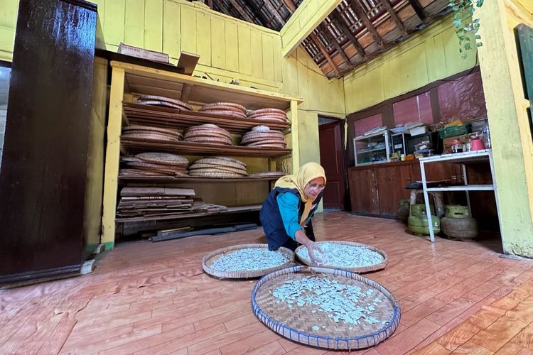 Lilik Sri Rahayu (61) bersiap untuk menjemur potongan singkong untuk diolah menjadi tepung mocaf di rumahnya di Kampung Kawista, Adiwarno, Selomerto, Wonosobo, Jawa Tengah (8/5/2024). Lilik merupakan salah satu pelaku UMKM yang mengolah tepung mocaf menjadi tiwul instan.