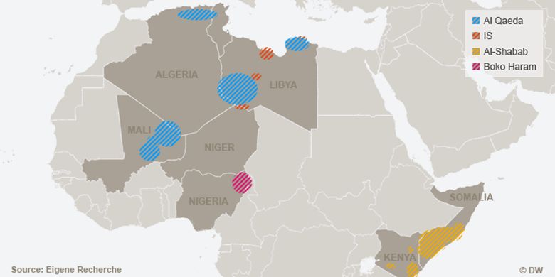 Peta wilayah daerah operasi kelompok teror di Afrika, Al-Qaeda (biru), Islamic State (oranye), Al-Shabbab (kuning) dan Boko Haram (merah muda).