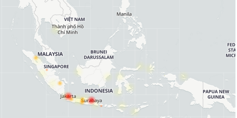 Tangkapan layar peta laporan Instagram eror, Rabu (25/5/2022). Dari peta tersebut, laporan paling banyak berasal dari beberapa daerah di Pulau Jawa (titik warna merah). Laporan lain berasal dari berbagai wilayah di Indonesia, dan beberapa negara tetangga, seperti Malaysia, Singapura, dan Vietnam (titik warna kuning dan jingga).