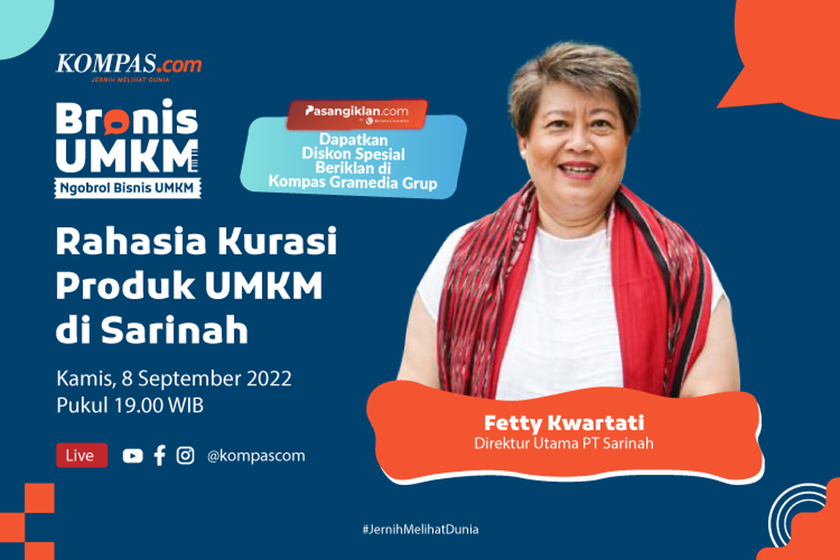 Program Bronis kali ini mengangkat topik Rahasia Kurasi Produk UMKM di Sarinah. Acara Bronis UMKM ini akan digelar dalam bentuk talkshow secara live di media sosial Kompas.com yaitu Instagram, Youtube, dan Facebook.
