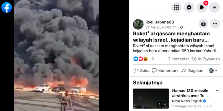 Tangkapan layar video yang menarasikan roket Al Qassam jatuh di wilayah Israel