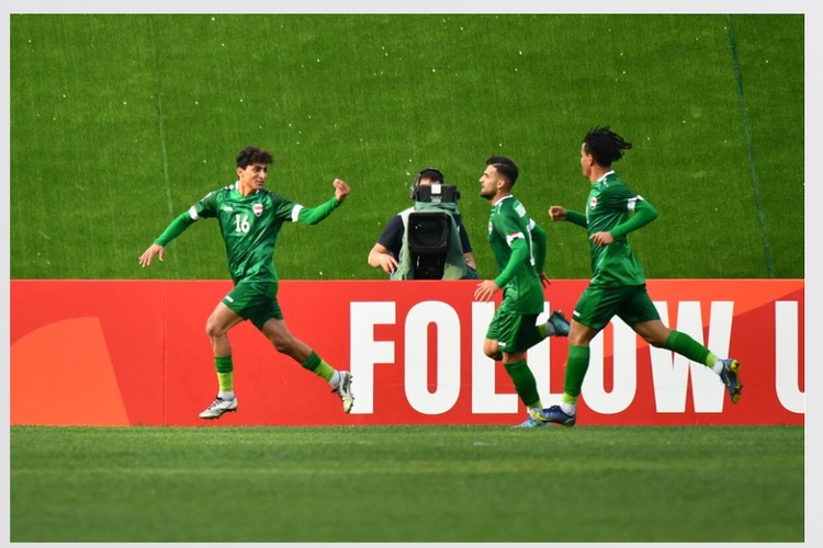 Tangkapan layar laman resmi AFC yang memuat momen ketika para pemain Irak merayakan gol kemenangan ke gawang Iran pada perempat final Piala Asia U20 2023 di Stadion JAR, Tashkent, Uzbekistan, Sabtu (11/3/2023).