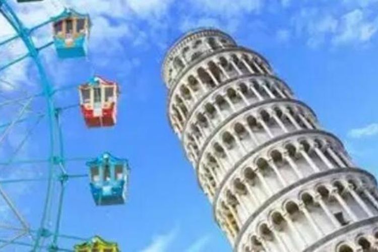 Ilustrasi Menara Pisa yang berdampingan dengan wahana baru Ferris Wheel di Pisa, Italia.