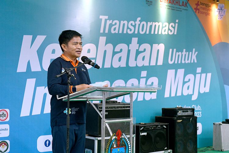 Penjabat (Pj) Gubernur Sumatera Utara (Sumut) Hassanudin saat melakukan penyambutan perayaan HKN ke-59 di Sumut, Minggu (19/11/2023).