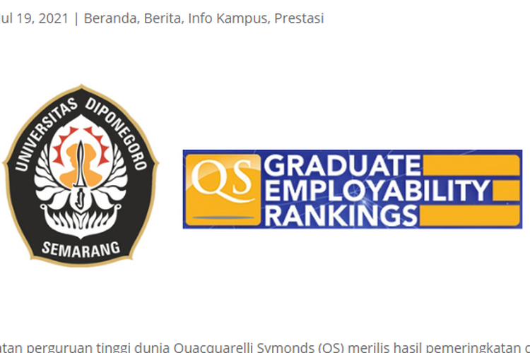 Universitas Diponegoro (Undip) Semarang meraih peringkat 3 nasional dalam pemeringkatan Quacquarelli Symonds (QS) Graduate Employability Rankings 2020.
