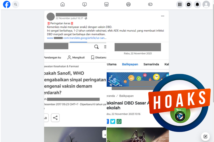 Tangkapan layar unggahan dengan narasi hoaks di sebuah akun Facebook, 23 November 2023, soal vaksin dengue berbahaya karena menyebabkan ADE.