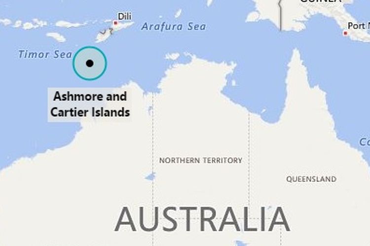 Peta letak Pulau Pasir atau Ashmore Reef yang berada di antara perairan Indonesia dan Australia.