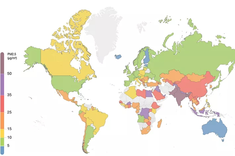 Konsentrasi PM2.5 (bahan partikulat halus) di seluruh dunia. 
