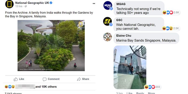 Tangkapan layar dari akun Facebook National Geographic UK yang menuliskan bahwa Singapura berada di Malaysia, pada 28 Agustus 2022.