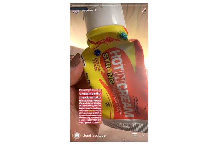 Tangkapan layar Instagram Story yang menampilkan krim panas yang digunakan untuk membakar lemak di pipi.