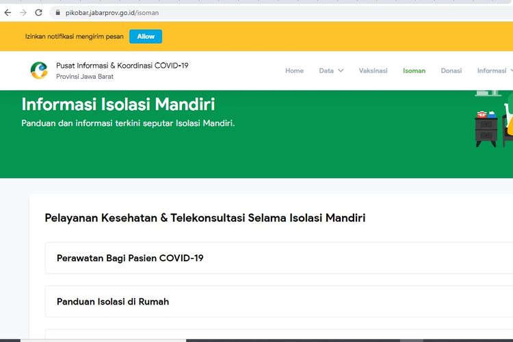 Pemerintah Provinsi Jawa Barat merilis fitur isolasi mandiri (isoman) dalam laman Pusat Informasi dan Koordinasi Covid-19 Jawa Barat (Pikobar).
