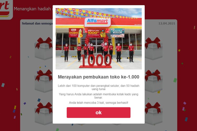 Tangkapan layar website palsu mengatasnamakan pembagian hadiah dari Alfamart