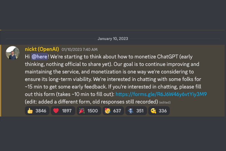 OpenAI mengumumkan via server Discord bahwa ChatGPT bakal dibuat berbayar