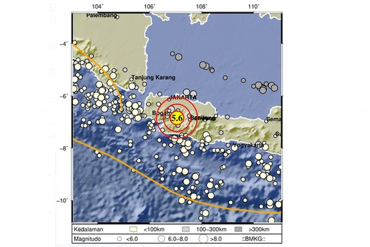 Tangkapan layar titik gempa di Cianjur, Jawa Barat pada Senin (21/11/2022) pukul 13.10 WIB.