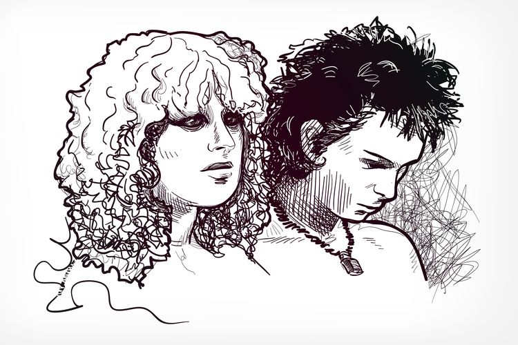 Ilustrasi pasangan punk Sid Vicious dan Nancy Spungen dalam ilustrasi sketsa