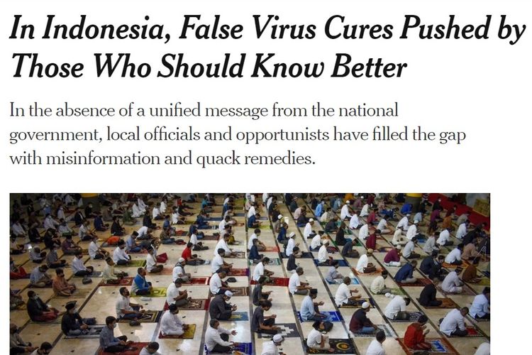 Judul artikel New York Times pada Jumat (31/7/2020), yang menyoroti buruknya penanganan Covid-19 di Indonesia.