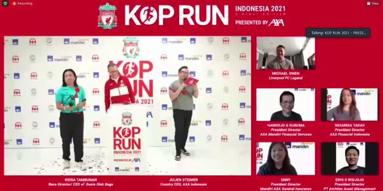 Suasana konfrensi pers virtual Kop Run Indonesia 2021 yang dihadiri legenda Liverpool, Michael Owen, pada Selasa (25/5/2021).