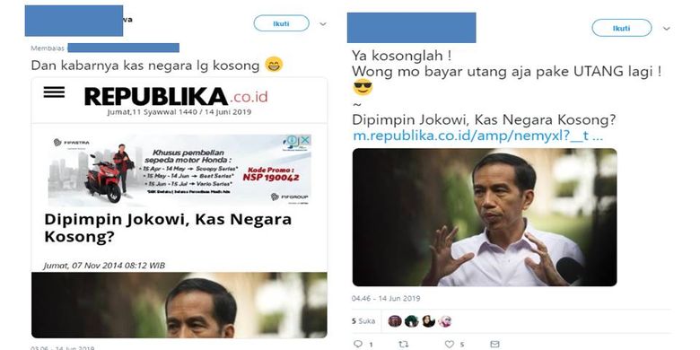 Tangkapan layar mengenai kabar kekosongan kas negara