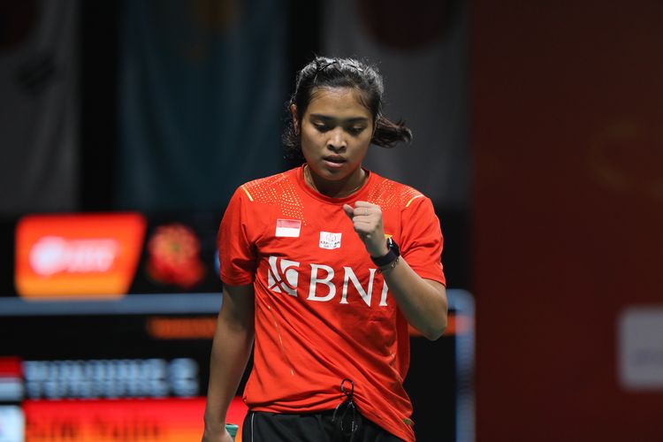 Pebulu tangkis tunggal putri Gregoria Mariska Tunjung saat melawan Sim Yu Jin (Korea Selatan) pada final Kejuaraan Beregu Asia 2022 di Setia City Convention Centre, Selangor, Malaysia, Minggu (20/2/2022) pagi WIB. 