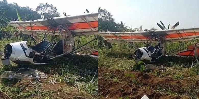 PESAWAT JATUH - Sebuah pesawat kecil (capung) dilaporkan jatuh di Desa Benteng Kecamatan Ciampea Kabupaten Bogor, Minggu (3/8/2025). 