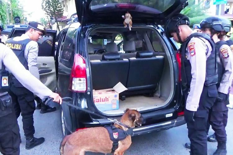 Pemeriksaan dilakukan personil Ditsamapta Polda Kalsel, Kamis (14/11/2019) di pintu masuk Mapolda Kalsel pasca bom bunuh di Medan. Bahkan anjing pelacak diterjunkan membantu pemeriksaan.