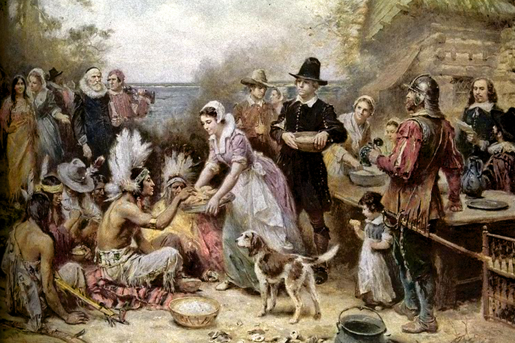 Ilustrasi perayaan Thanksgiving yang pertama kali pada 1621.