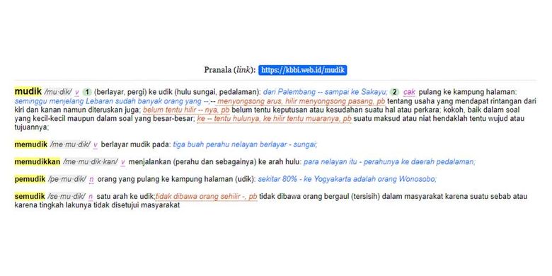 Arti mudik dalam Kamus Besar Bahasa Indonesia (KBBI)