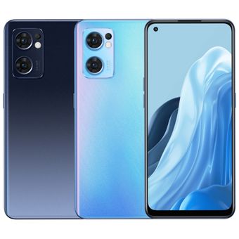 Oppo Reno7 5G di Indonesia hadir dalam pilihan warna Starry Black (paling kiri) dan Startrails Blue (tengah).