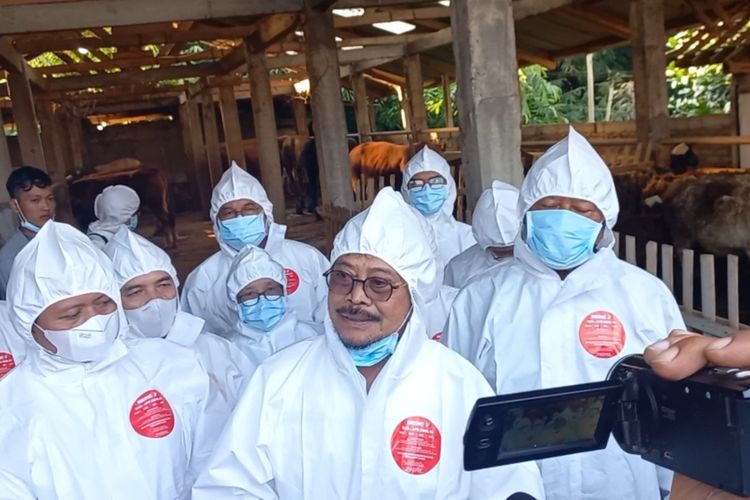 Mentan Syahrul Yasin Limpo saat berkunjung ke kandang sapi milik peternak di Desa Cilayung, Kecamatan Jatinangor, Kabupaten Sumedang, Jawa Barat, Rabu (18/5/2022).