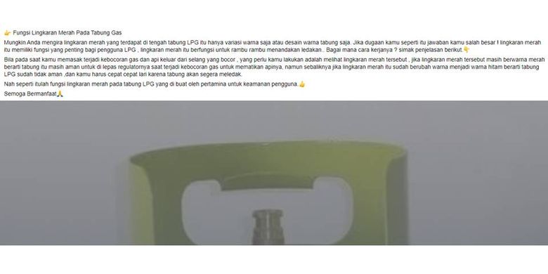 Unggahan yang menyebutkan bahwa lingkaran merah pada tabung gas merupakan penanda kebocoran gas. Pertamina memastikan informasi ini tidak benar alias hoaks